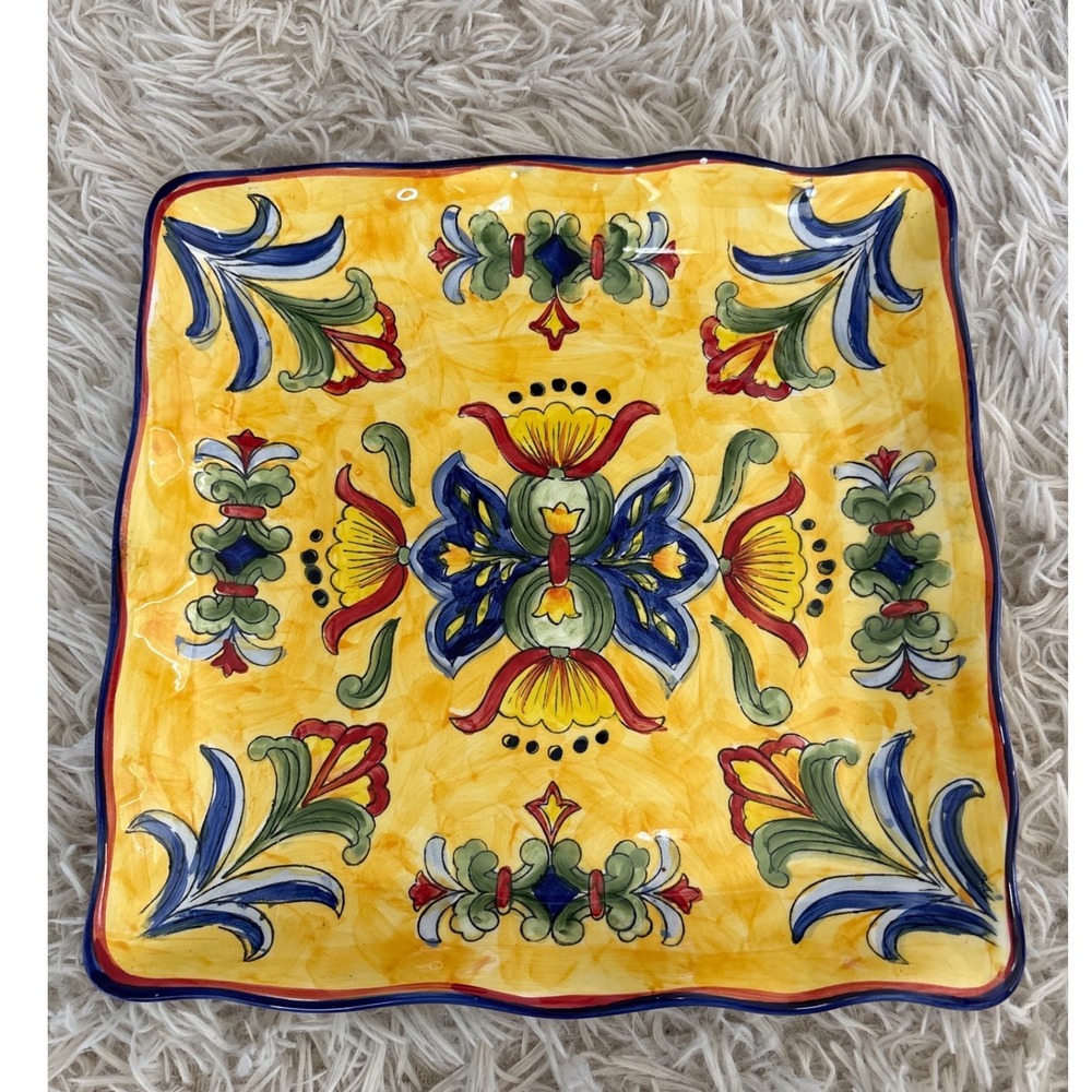 MAXCERA Yellow Talavera Hand Painted‎ Square Ceramic Platter Dish